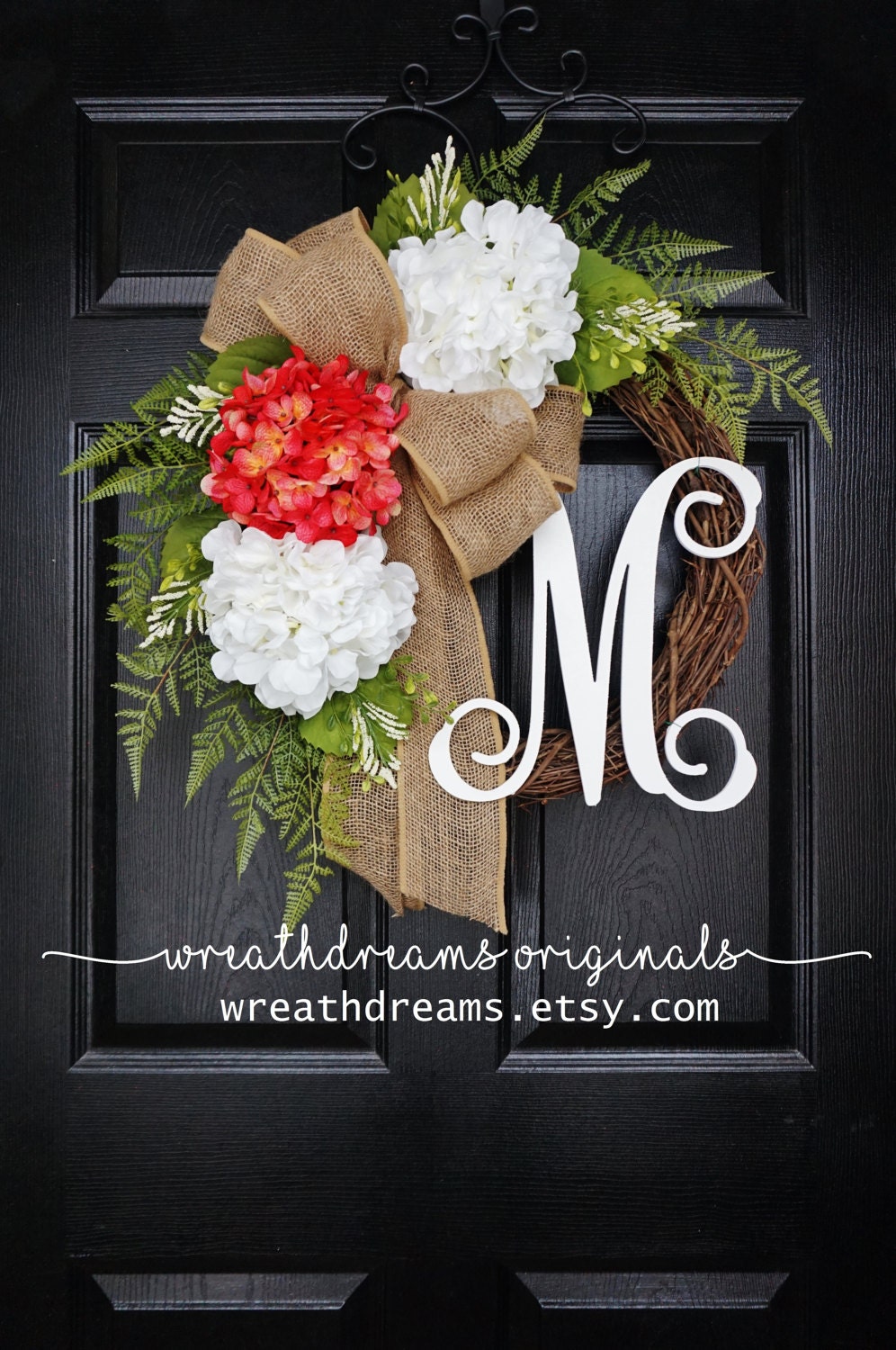 Pink & White Hydrangea Wreath. Burlap Wreath. Year Round Wreath. Spring Wreath. Summer Wreath. Monogram Wreath. Door Wreath