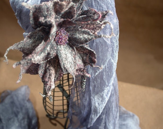 Merino Wool Silk Felted Brooch Pretty Purple Silver Boho Flower Scarf Pin Fashion Hat Dress Jacket Floral Brooch Best Friend Birthday Gift