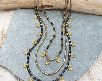 SALE 20% OFF Black and Gold Necklace, Black Necklace, Black Boho Necklace, Tribal Necklace, Ethnic Necklace, Tribal Jewelry, Ethnic Jewelry