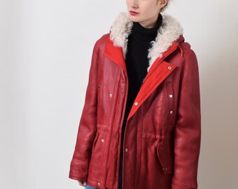 Shearling Lined Red Leather Anorak Jacket Vintage Real Leather Parka Jacket XS S M
