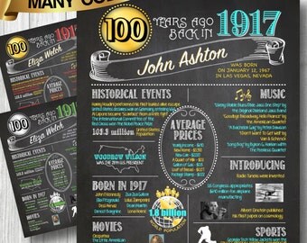 1917 -- 100th Birthday Chalkboard Poster, DIGITAL FILE, Perfect Gift, Color Customizable, 100 Years Ago Sign