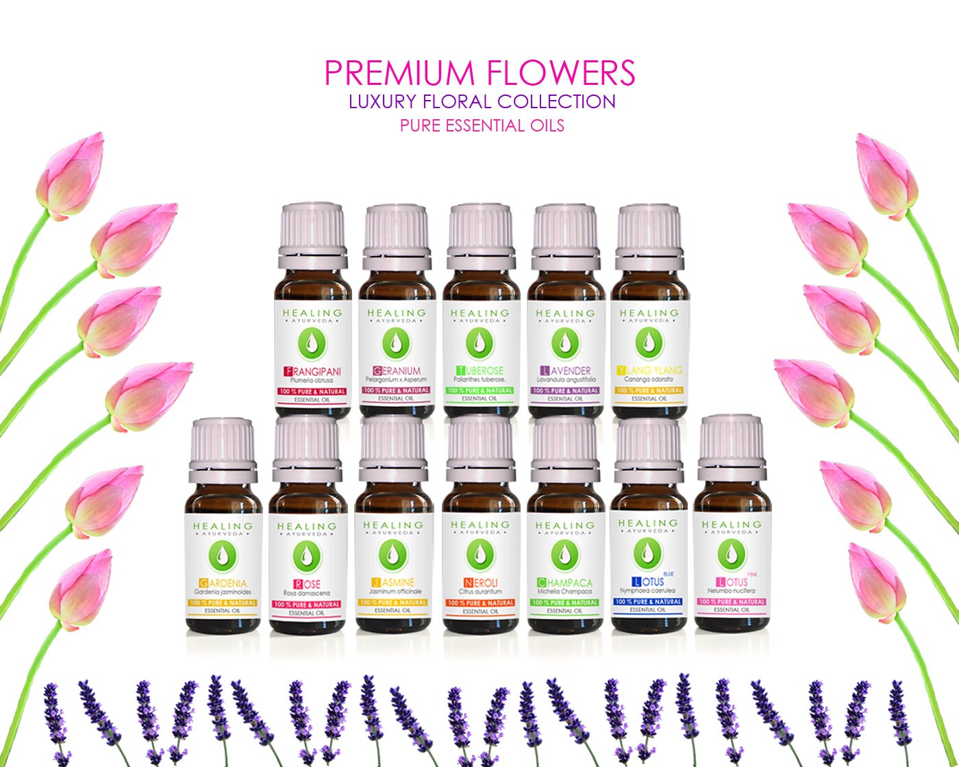 Floral essential oils set bath and beauty flower oils
