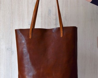 Brown Leather Tote Bag – MINIMAL CHIC in Cognac Brown - Medium Size Handmade Leather Tote