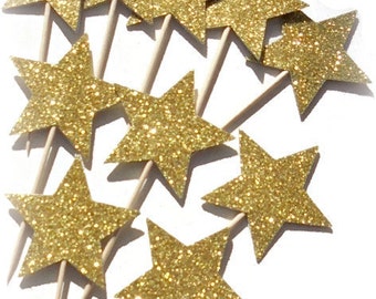 Glitter Gold Star double-sided Cupcake Toppers, Food Picks