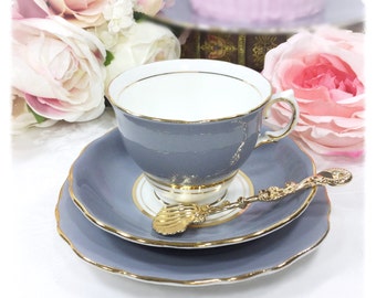 Colclough Grey Ballet Gilt Bone China English Tea Trio, Bone China Tea Cup, Saucer, Plate Tea Set Tea Party, Wedding #A325