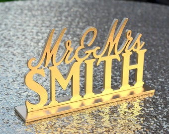 GOLD Mr and Mrs Wedding Sign. Mr & Mrs Sweetheart Table Sign. Laser cut and PERSONALIZED with last name. PICK your color.
