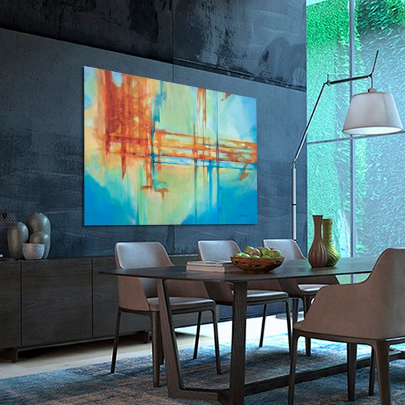 Abstract painting Turquoise Blue Green Orange moderne by Artoosh