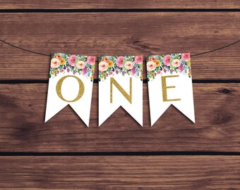 ONE Birthday Banner, One Bunting, Floral 1st Birthday Banner Colorful Flowers Highchair Banner Instant Download PDF Printable 891