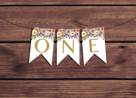 ONE Birthday Banner, One Bunting, Floral 1st Birthday Banner Colorful