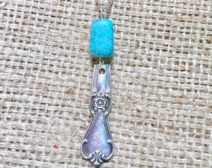 Spoon Necklace, Turquoise Necklace, Sterling Silver, Silverware Jewelry, Spoon Jewelry, Stone Necklace, Spoon Handle Pendant