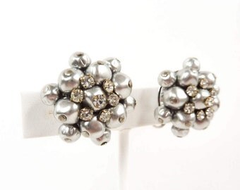 Vintage Silver Rhinestone Earrings with Metallic Bead Clusters from the 1940s