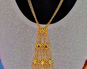 Vtg FLORENZA Signed Victorian Revival Ornate Multi Strand Dangle Drop Tassel Necklace Cameo Turquoise Garnet Women Hi End Costume Jewelry