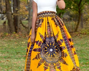 Orange Dashiki Maxi Skirt Gathered African Print Skirt African Wedding Dress Ankara Maxi Skirt African Plus Size Skirt African Gift for Her