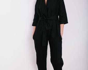Kimono Jumpsuit - Kimono Linen Jumpsuit - Women Overall - Linen Overall - Linen Romper - Handmade by OFFON