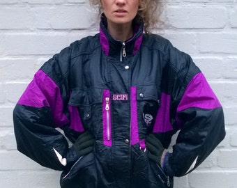 Black/purple retro ski jacket, women/men vintage winter jacket, 90s bomber jacket, outdoor workout jacket, windbreaker, retro ski suit M/L
