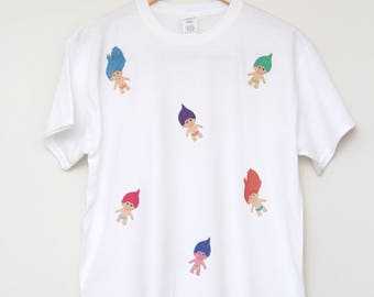Troll Dolls T-shirt / Illustrated Unisex Tee Shirt Men's Women's Clothing Birthday White Hand Drawn Funny Retro Nerd Fantasy Good Luck