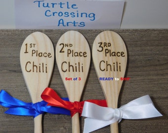 Chili Cook Off Wooden Spoons 1st 2nd 3rd Place Awards Trophy Prizes Contest Competition Festival Event Set of 3 Engrave Wood burn, READY Now