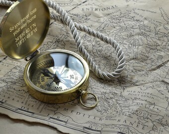 Engraved Compass, Brass Personalized Compas, Valentines Day Gift, Anniversary Gift, Fathers Day Gift, Vintage Style Compass, Groomsmen Gift