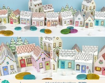 Printable Advent Calendar Village, mini house boxes to print, colour in and make up yourself - Digital Instant Download B5001