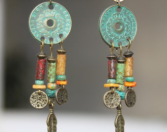 Boho Earrings Bohemian Earrings Jewelry Dangle Brass Ethnic Hippie Gypsy Turquoise Green Earrings Patina Earrings Chandelier Gift for her