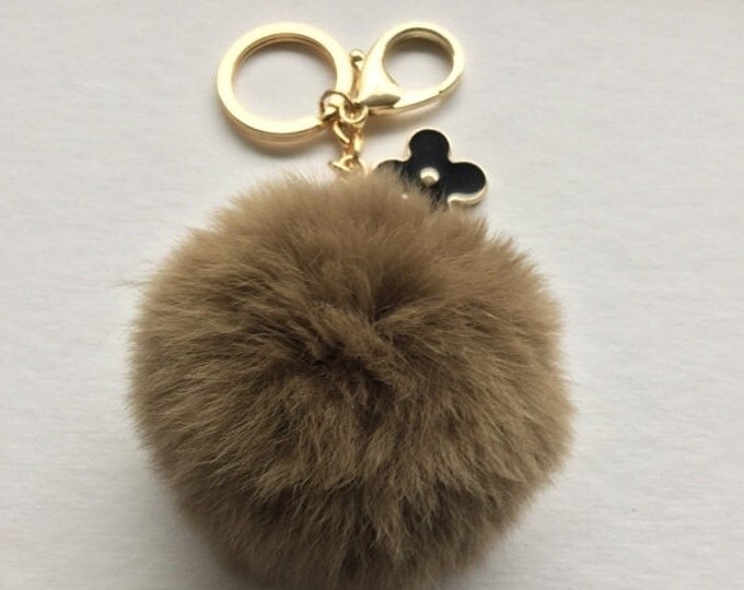 Brown fur pom pom keychain REX Rabbit fur pom pom ball with flower bag charm