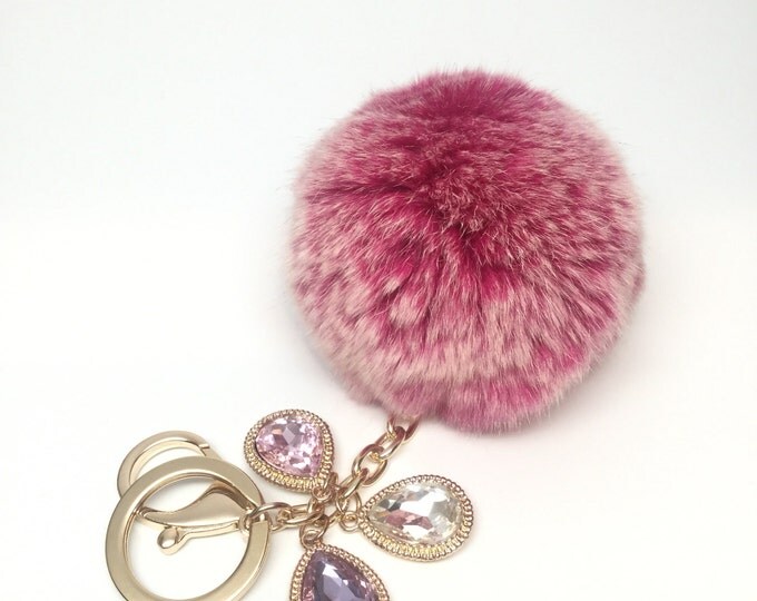 Customer request inspired Hot Pink Frost fur pom pom keychain REX Rabbit real fur puff ball