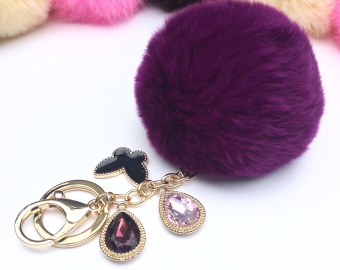Customized Purple Real Genuine Rabbit fur pom pom keychain puff ball charm keyring