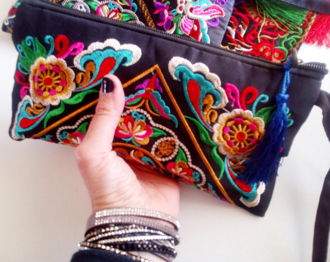 NEW boho clutches, pouches fabric wrist purses hand embroidered, cell phone wallets handwoven textile many vivid colours in fashion clutches