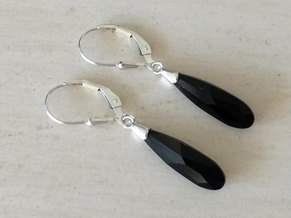 Jet Black Crystal Raindrop Earrings, Sterling Silver