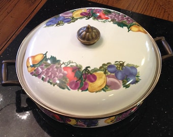 Enamelware Pot and Lid cream colored with fruit pattern
