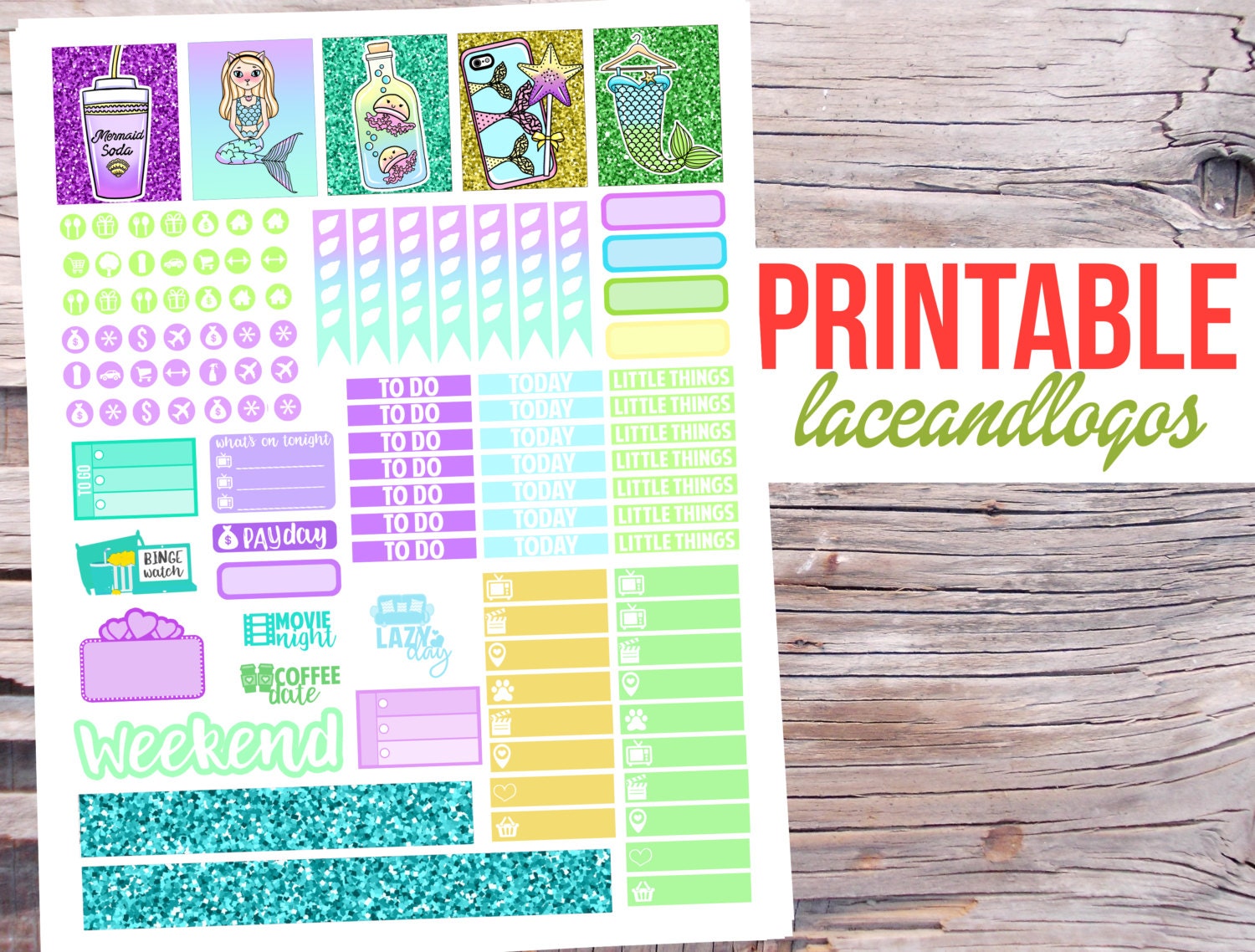 printable planner stickers pastel goth mermaid princess weekly
