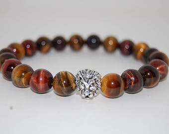 Tiger Eye Bracelet,Lion Head,Red Tiger Eye,Yellow Tiger Eye Gemstone,10mm Beads,Man,Mens Beaded Bracelet,Tiger Eye Gemstone Bracelet,Surfer