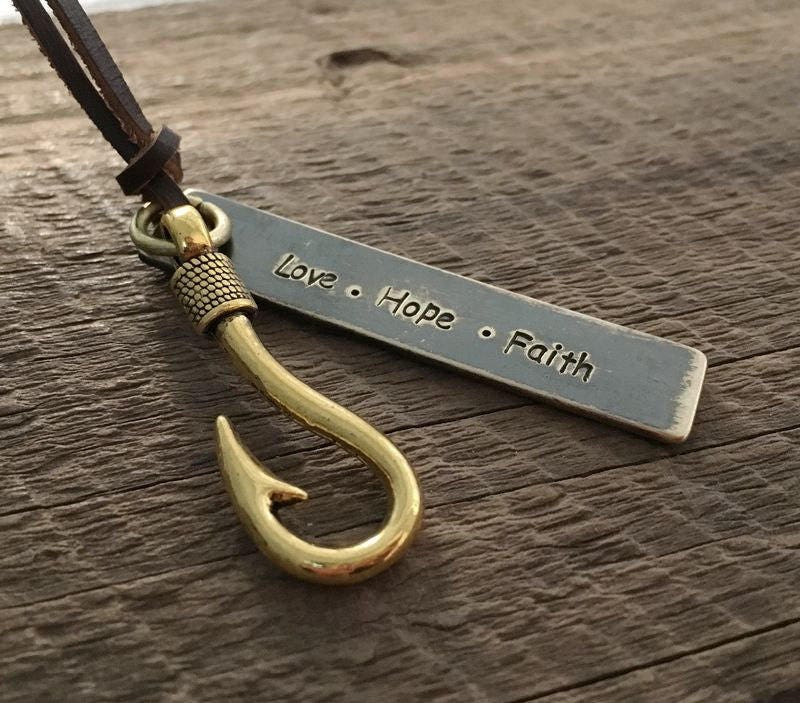 Mens inspirational jewelry love hope faith necklace fish hook