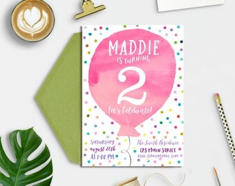 Balloon Birthday Invitation, Kids birthday invitation, Second Birthday Invitation, Birthday Invitation Girl, 2nd Birthday Invitations