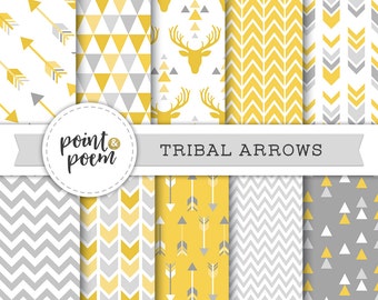 Tribal Digital Papers, Mustard, Yellow, Gray, Chevron, Hipster - Commercial Use