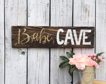 Babe Cave Reclaimed Wood Sign Hand Lettered Gold White Script Shabby Chic Sign Girls Room Chic Cave Distressed Wood