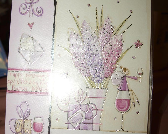 Happy 65th Birthday Card  Fairy having a glass of wine. flowers and a present