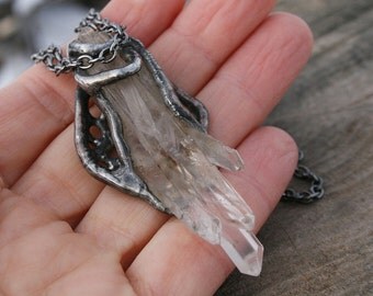 crystal quartz pendant, quartz necklace raw crystal necklace, huge crystal pendant, Valentines gift, gemstone pendant, Blacksmithworkshop