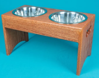 Elevated Dog Feeder 12", Two Stainless Steel 2 Quart Bowls, Solid Oak Wood