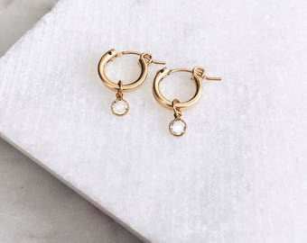 Gold Hoop Earrings, Swarovski Earrings, Dainty Gold Earrings, 14 KT Gold Fill, Stud Earrings, Gold Pendant Earrings