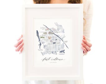 Fort Collins, Colorado Art Print - Watercolor City Map - Colorado State