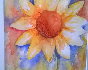 Original Sunflower Watercolor Painting 16x20 Matted