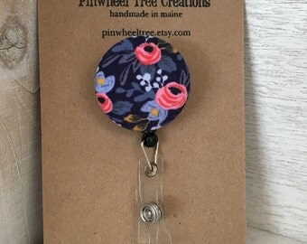 Blue Floral Badge Reel, Retractable Badge Holder, Rifle Paper Co. Fabric Swivel ID Name Holder, Student Nurse Teacher Coach Gift