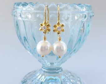 Simple Pearl Dangle Earrings, Vermeil Gold Flower Freshwater White Pearl Drop Earrings, June Birthday Earrings