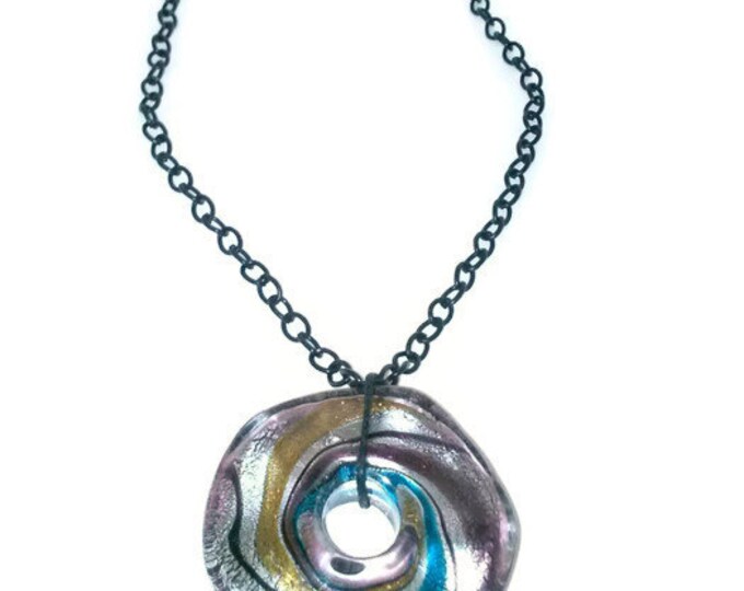 Glass Pendant Swirl Design Necklace, Black Chain Link Necklace, Statement Piece, Gift for Women, Classic Style, Multi Color Pendant, Fun Set
