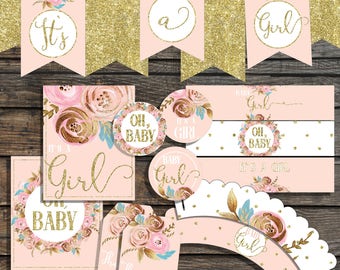 BABY SHOWER Decorations Blush Pink and Gold Baby Shower Package Floral printable baby shower set baby girl decorations its a gilr decor