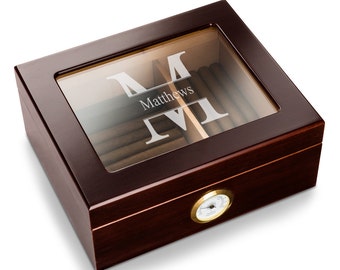 Monogrammed Cigar Humidor - Capri Glass Top Mahogany - Cigar Box, Cigar Case