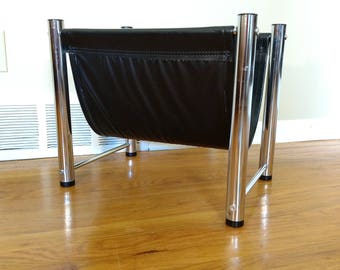 Mid Century Black Vinyl and Chrome Magazine Rack / Holder