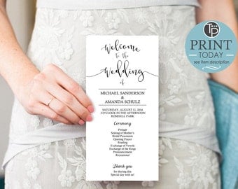 Calligraphy WEDDING PROGRAM, Instant Download, Script Wedding Program, Black White Wedding Program, Modern Wedding Program, Edit yourself
