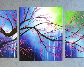 Pink Cherry Blossom painting, Contemporary Landscape painting, Acrylic Flower painting, Abstract Palette knife Floral art, Modern wall art.